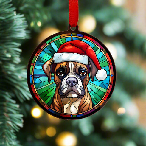 Boxer in Santa Hat Suncatcher Decoration